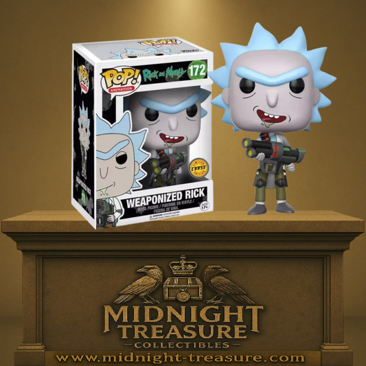 Funko Pop! Rick and Morty â Weaponized Rick (172) â Chase Edition. Rick avec les cheveux bleus caractĂ©ristiques, tenant une arme futuriste dans une posture offensive. Une figurine dynamique parfaite pour les fans de Rick and Morty.