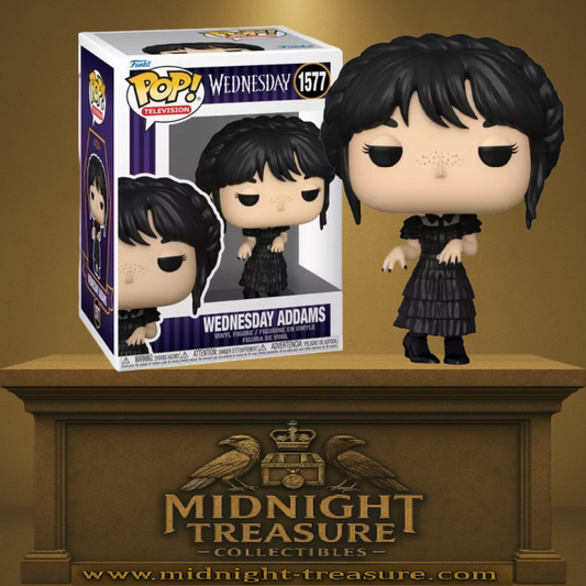 Funko Pop! Wednesday (Netflix) – Mercredi Addams Danse (N°1577). Figurine détaillée avec robe noire et posture culte de la scène de danse. Un incontournable pour les fans de la série et de l’univers Tim Burton.