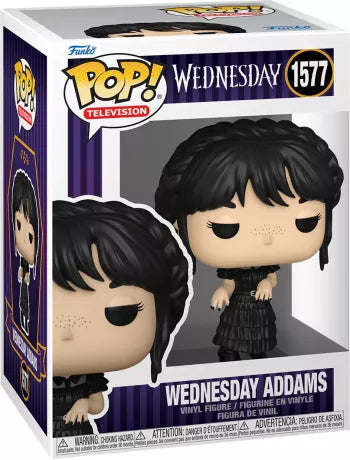 Funko Pop! Wednesday (Netflix) – Mercredi Addams Danse (N°1577). Figurine détaillée avec robe noire et posture culte de la scène de danse. Un incontournable pour les fans de la série et de l’univers Tim Burton.