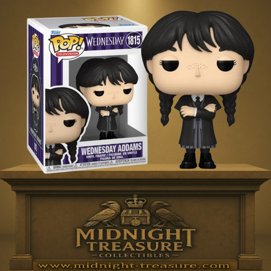 Funko Pop! Wednesday (Netflix) – Wednesday Addams (N°1815). Figurine représentant Wednesday en uniforme de Nevermore avec ses tresses et son air glacial. Une pièce incontournable pour les fans de la série et de l’univers Addams.