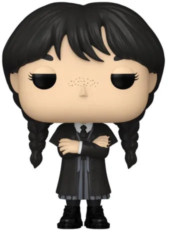 Funko Pop! Wednesday (Netflix) – Wednesday Addams (N°1815). Figurine représentant Wednesday en uniforme de Nevermore avec ses tresses et son air glacial. Une pièce incontournable pour les fans de la série et de l’univers Addams.