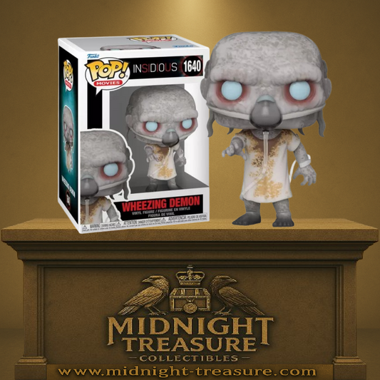 Funko Pop! Insidious – Wheezing Demon (N°1640). Représente le démon au masque d’oxygène avec une peau grise et craquelée. Une figurine inquiétante parfaite pour les fans d’horreur.