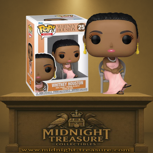 Funko Pop! Icons 25 - Whitney Houston. Figurine détaillée représentant Whitney Houston assise avec une élégante robe rose, fidèle à son charisme légendaire. Un incontournable pour les fans de musique et de Funko Pop!." 🎤