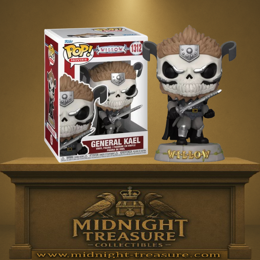 "Funko Pop! Willow 1312 - Général Kael. Figurine détaillée du redoutable guerrier avec son casque en forme de crâne et son épée imposante. Un incontournable pour les fans du film culte de fantasy !