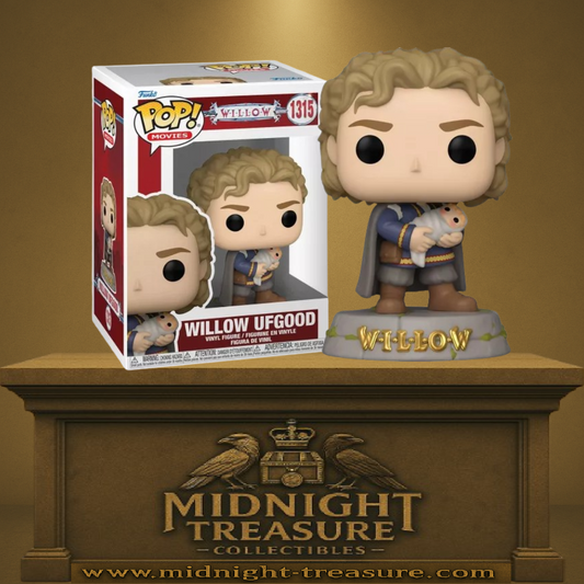 Funko Pop! Willow – Willow Ufgood (N°1315). Willow tenant Elora Danan dans ses bras sur un socle décoré. Une figurine émotive parfaite pour les fans de fantasy et du film culte.