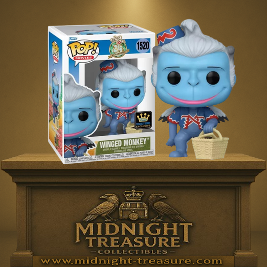 "Funko Pop! The Wizard of Oz â Winged Monkey (1520). Singe AilĂ© bleu avec costume rouge et blanc, panier et ailes, Ă©dition 85e anniversaire. Une figurine emblĂ©matique pour les fans du Magicien dâOz."