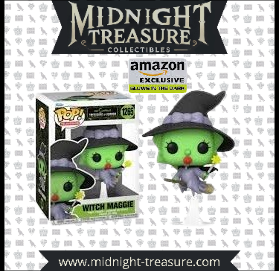 Funko Pop! The Simpsons 1265 - Witch Maggie (Treehouse of Horror) - Amazon Exclusive Glow in the Dark. Figurine exclusive représentant Maggie en sorcière phosphorescente avec chapeau noir et baguette magique. Design fidèle et détaillé, parfait pour collectionneurs et fans des Simpsons.