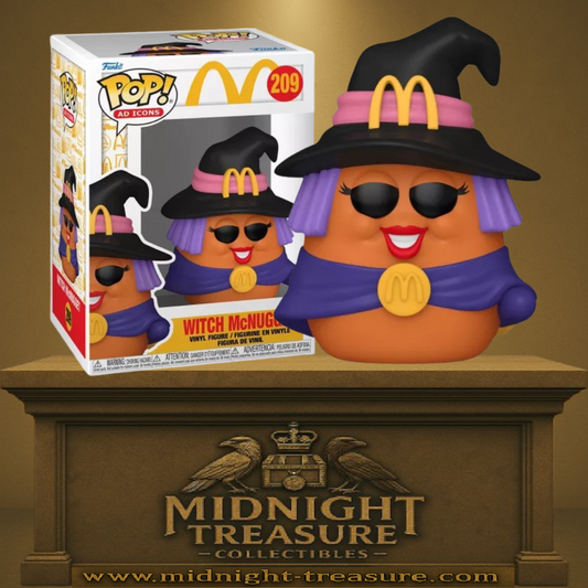 Funko Pop! McDonald’s – Witch McNugget (N°209). Figurine représentant un McNugget déguisé en sorcière avec chapeau noir et foulard violet. Une pièce rétro et magique pour les fans de McDonald’s.