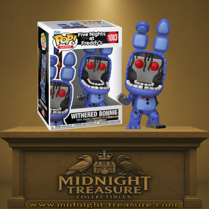 Funko Pop! Five Nights at Freddy’s – Withered Bonnie (N°1083). Animatronique bleu endommagé avec yeux rouges et endosquelette visible. Une figurine terrifiante pour les fans de FNAF.

