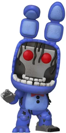 Funko Pop! Five Nights at Freddy’s – Withered Bonnie (N°1083). Animatronique bleu endommagé avec yeux rouges et endosquelette visible. Une figurine terrifiante pour les fans de FNAF.


