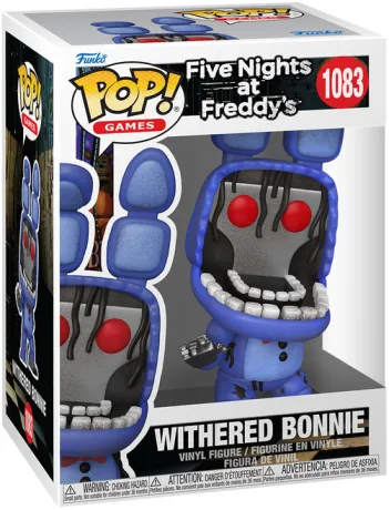 Funko Pop! Five Nights at Freddy’s – Withered Bonnie (N°1083). Animatronique bleu endommagé avec yeux rouges et endosquelette visible. Une figurine terrifiante pour les fans de FNAF.

