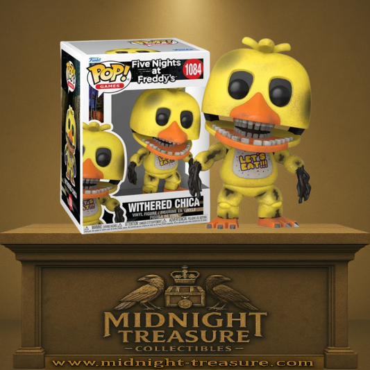 Funko Pop! Five Nights at Freddy’s – Withered Chica (N°1084). Animatronique jaune usé avec bavoir "LET’S EAT!!!", bec orange et dents métalliques apparentes, bras dénudés avec câbles. Figurine effrayante fidèle au jeu.

