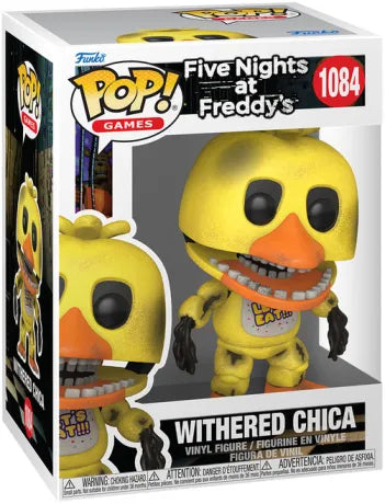 Funko Pop! Five Nights at Freddy’s – Withered Chica (N°1084). Animatronique jaune usé avec bavoir "LET’S EAT!!!", bec orange et dents métalliques apparentes, bras dénudés avec câbles. Figurine effrayante fidèle au jeu.

