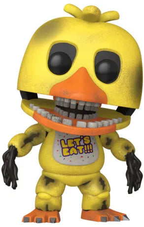 Funko Pop! Five Nights at Freddy’s – Withered Chica (N°1084). Animatronique jaune usé avec bavoir "LET’S EAT!!!", bec orange et dents métalliques apparentes, bras dénudés avec câbles. Figurine effrayante fidèle au jeu.

