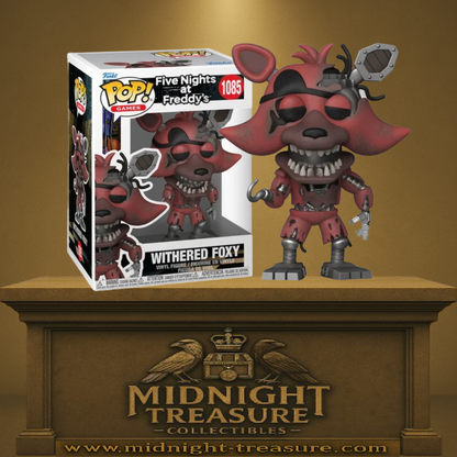 Funko Pop! Five Nights at Freddy’s – Withered Foxy (N°1085). Animatronique rouge abîmé, avec parties mécaniques apparentes, cache-œil noir et crochet menaçant. Une figurine terrifiante pour les fans du jeu d’horreur culte.