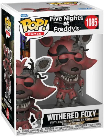 Funko Pop! Five Nights at Freddy’s – Withered Foxy (N°1085). Animatronique rouge abîmé, avec parties mécaniques apparentes, cache-œil noir et crochet menaçant. Une figurine terrifiante pour les fans du jeu d’horreur culte.