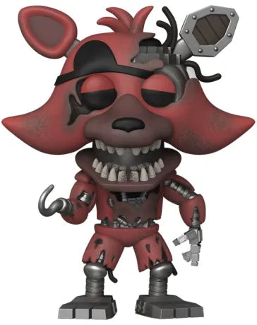 Funko Pop! Five Nights at Freddy’s – Withered Foxy (N°1085). Animatronique rouge abîmé, avec parties mécaniques apparentes, cache-œil noir et crochet menaçant. Une figurine terrifiante pour les fans du jeu d’horreur culte.