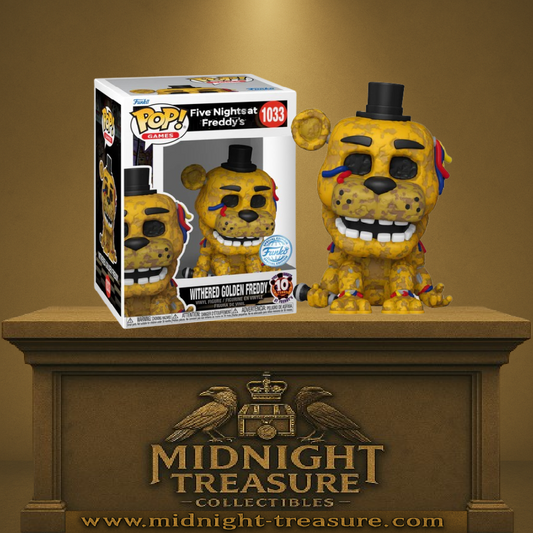 Funko Pop! Five Nights at Freddy’s – Withered Golden Freddy (1033) – Special Edition. Animatronique doré assis, câbles apparents et expression terrifiante. Une Pop rare pour les fans de FNaF.