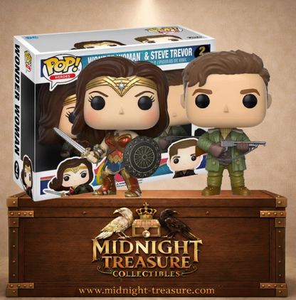 Funko Pop! Heroes Wonder Woman & Steve Trevor – 2-Pack (Pack de 2) FYE Exclusive (Exclusivité FYE), Diana avec épée, bouclier et Lasso et Steve Trevor en tenue militaire.