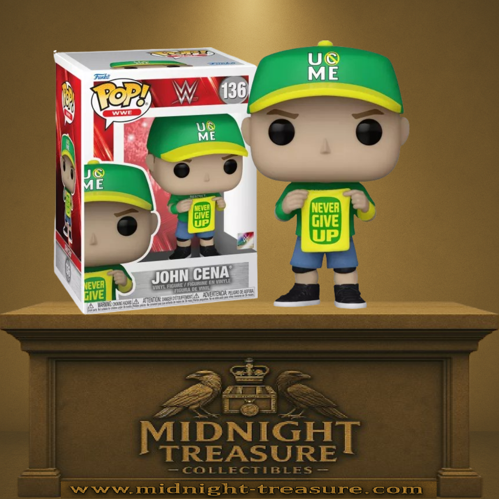 Funko Pop! WWE – John Cena (Never Give Up) N°136. Figurine John Cena avec casquette verte et panneau “Never Give Up”, tenue emblématique de la WWE.