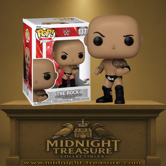 Funko Pop! WWE – The Rock (N°137). Catcheur légendaire torse nu avec tatouage tribal, posture de combat emblématique sur le ring.