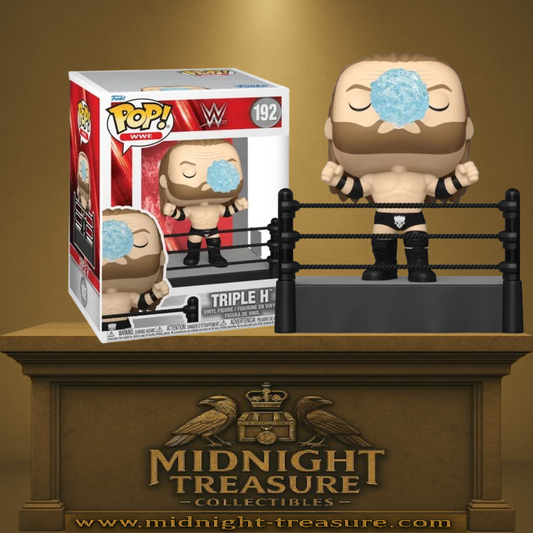 Funko Pop! WWE – Triple H (N°192). Catcheur légendaire dans un ring, poings serrés, avec effet spray d’eau emblématique de son entrée.