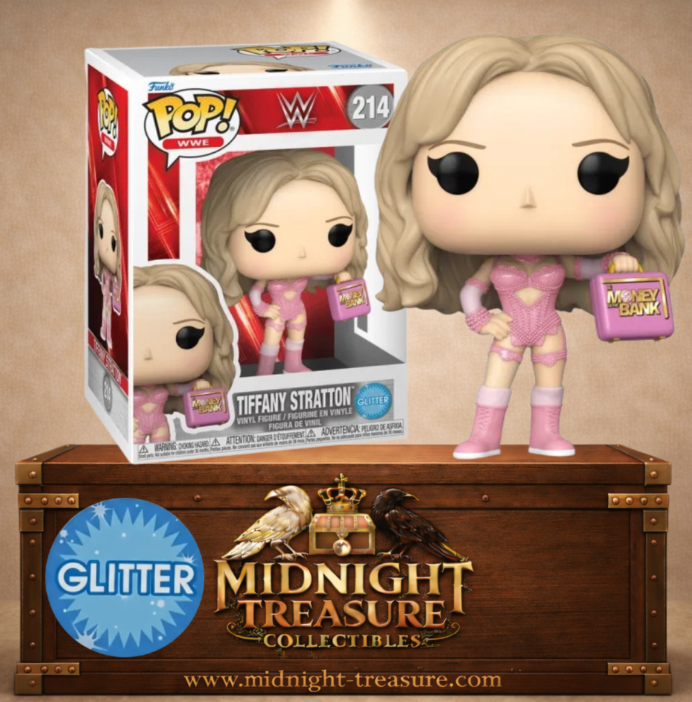 Funko Pop! WWE N°214 – Tiffany Stratton Glitter dans sa tenue rose avec la mallette Money in the Bank.