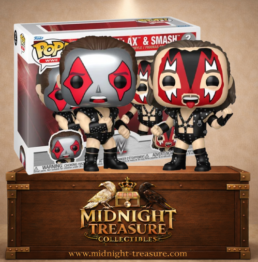 Funko Pop! WWE 2-Pack – Demolition avec Ax et Smash dans leurs tenues noires cloutées et leurs célèbres peintures faciales, édition Metallic.