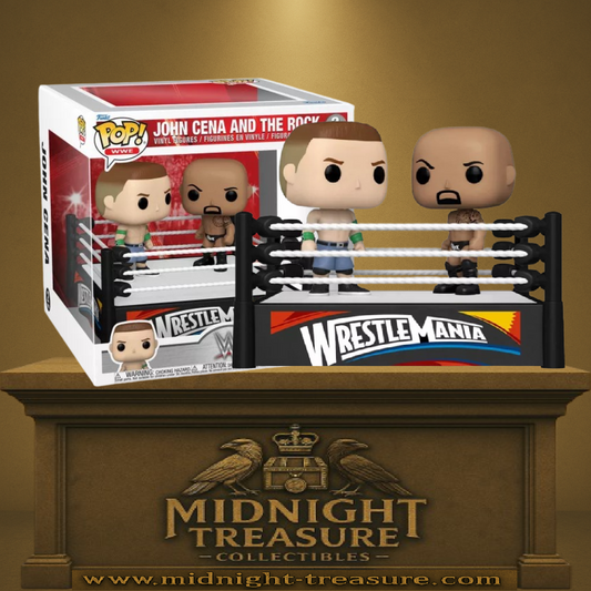 Funko Pop! WWE Moment – John Cena et The Rock à WrestleMania. Scène de combat sur un ring WWE, représentation fidèle de l’affrontement légendaire entre deux icônes du catch.