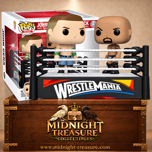 Funko Pop! WWE Moment – John Cena et The Rock à WrestleMania. Scène de combat sur un ring WWE, représentation fidèle de l’affrontement légendaire entre deux icônes du catch.
