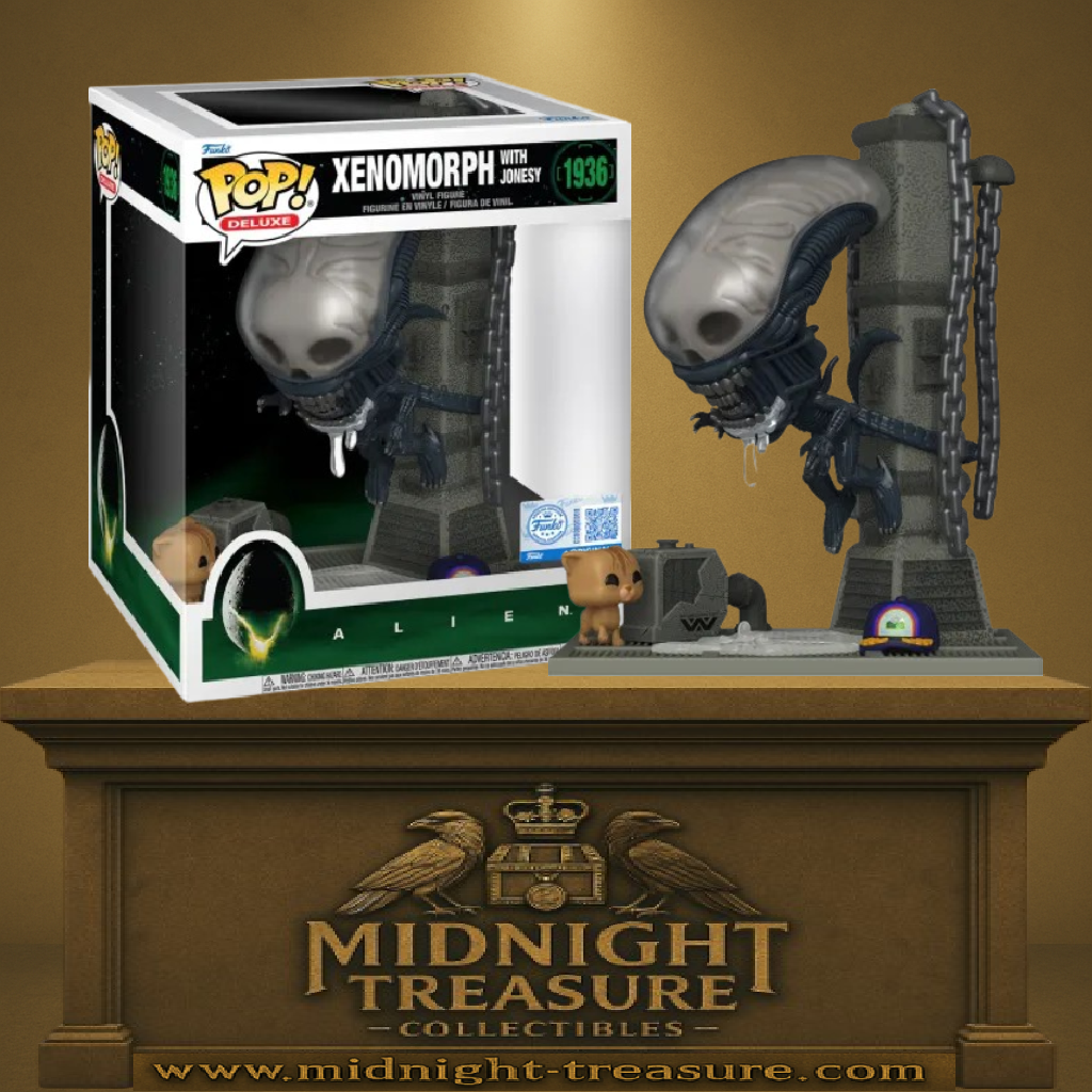 Funko Pop! Deluxe Alien – Xenomorph avec Jonesy (N°1936). Figurine du Xenomorph surgissant d’un pilier face au chat Jonesy, décor inspiré du vaisseau Nostromo.