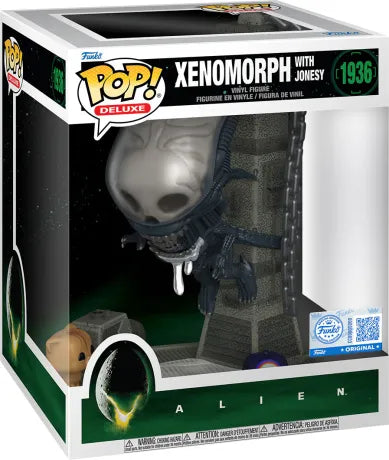 Funko Pop! Deluxe Alien – Xenomorph avec Jonesy (N°1936). Figurine du Xenomorph surgissant d’un pilier face au chat Jonesy, décor inspiré du vaisseau Nostromo.