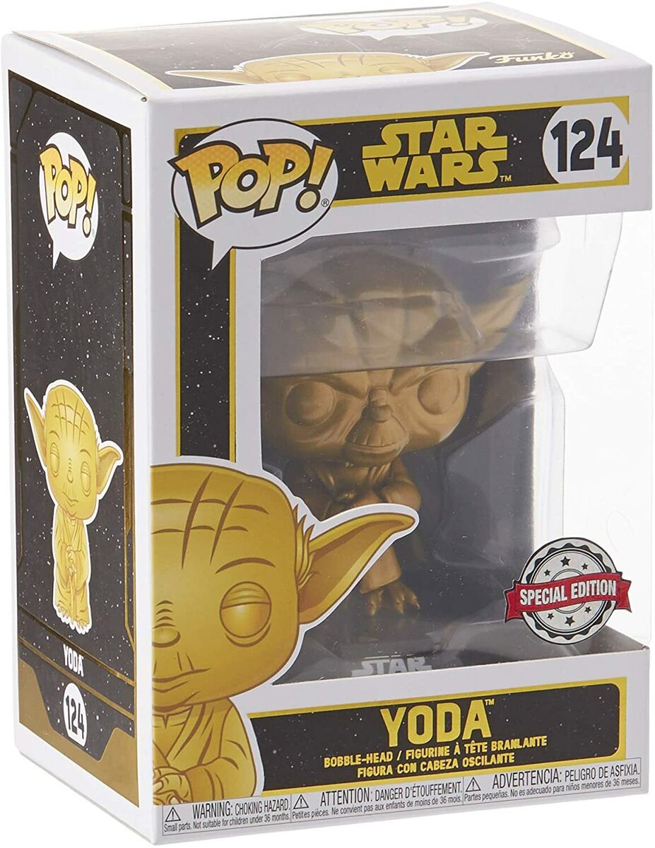 Funko Pop! Yoda 124 - Gold Metallic - Star Wars Special Edition. Figurine dorée du légendaire Maître Jedi Yoda, dans une posture sage et emblématique. Une pièce de collection incontournable pour les fans de Star Wars.