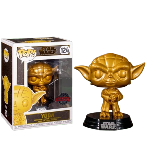 Funko Pop! Yoda 124 - Gold Metallic - Star Wars Special Edition. Figurine dorée du légendaire Maître Jedi Yoda, dans une posture sage et emblématique. Une pièce de collection incontournable pour les fans de Star Wars.