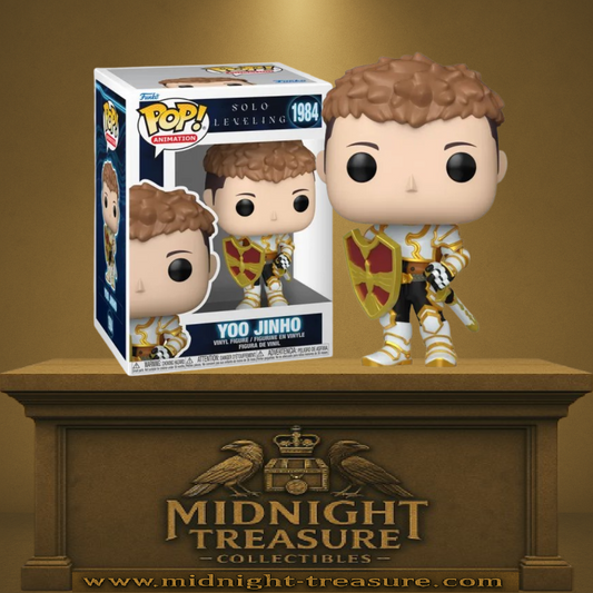 Funko Pop! Solo Leveling – Yoo Jinho (N°1984). Armure blanche et dorée avec bouclier rouge et or, épée en main, cheveux bruns bouclés. Figurine fidèle au personnage loyal et courageux de Solo Leveling.

