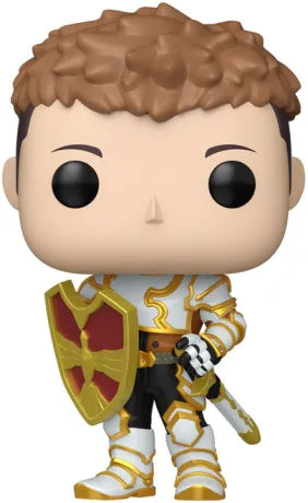 Funko Pop! Solo Leveling – Yoo Jinho (N°1984). Armure blanche et dorée avec bouclier rouge et or, épée en main, cheveux bruns bouclés. Figurine fidèle au personnage loyal et courageux de Solo Leveling.

