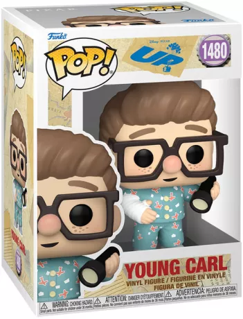 Funko Pop! Disney – La-Haut – Young Carl (N°1480). Figurine de Carl enfant avec pyjama, lampe torche et plâtre au bras. Un hommage attendrissant au film Pixar La-Haut.