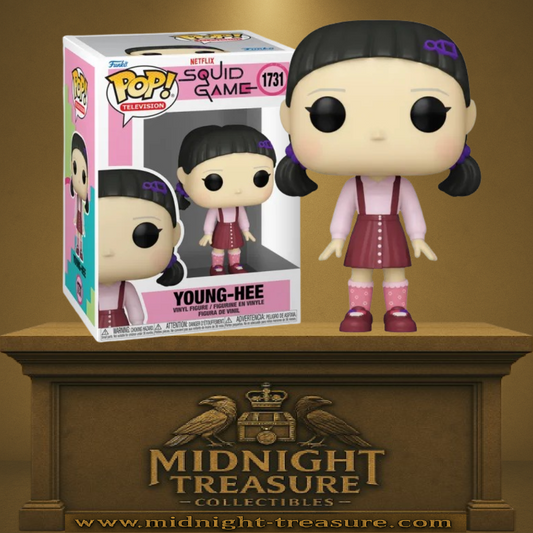 Funko Pop! Squid Game – Young-Hee (Corde à sauter) (N°1731). Figurine représentant Young-Hee en tenue rose et rouge avec accessoires violets, issue du jeu inspiré de la corde à sauter. Une version unique et glaçante pour les fans de la série.