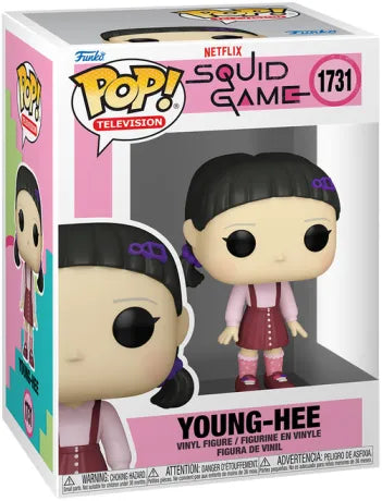 Funko Pop! Squid Game – Young-Hee (Corde à sauter) (N°1731). Figurine représentant Young-Hee en tenue rose et rouge avec accessoires violets, issue du jeu inspiré de la corde à sauter. Une version unique et glaçante pour les fans de la série.