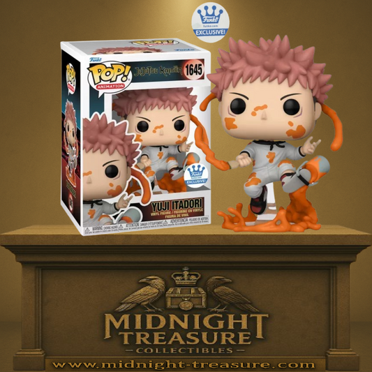 "Funko Pop! Jujutsu Kaisen – Yuji Itadori (1645). Le protagoniste en pleine action avec des effets orange dynamiques, capturant toute l'énergie et la détermination du héros de l'univers Jujutsu Kaisen. Une pièce exclusive pour les fans d'anime et de manga !"
