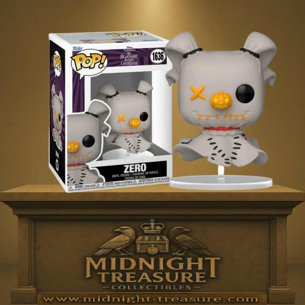 Funko Pop! Nightmare Before Christmas – Zero Patchwork (N°1636). Version Patchwork avec coutures noires, nez citrouille lumineux et design textile. Figurine stylisée pour les fans du film.