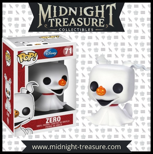 Funko Pop! Disney 71 - Zero (L’Étrange Noël de Monsieur Jack). Figurine exclusive représentant le chien fantôme de Jack Skellington avec son nez en citrouille lumineuse. Design fidèle et détaillé, parfait pour les collectionneurs et fans de Tim Burton.