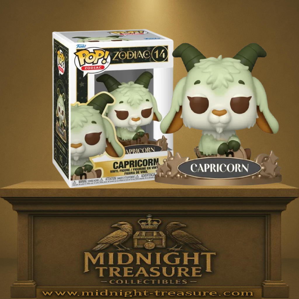 Funko Pop! Zodiac – Capricorn (Capricorne) (N°14). Figurine astrologique représentant une chèvre mythologique verte sur socle doré, symbole du signe du Capricorne.