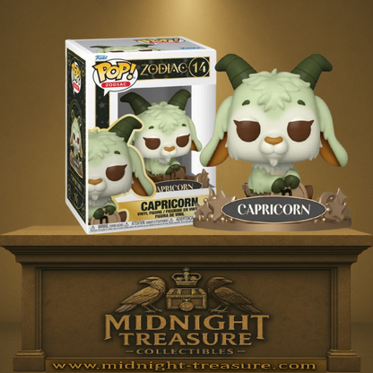 Funko Pop! Zodiac – Capricorn (Capricorne) (N°14). Figurine astrologique représentant une chèvre mythologique verte sur socle doré, symbole du signe du Capricorne.