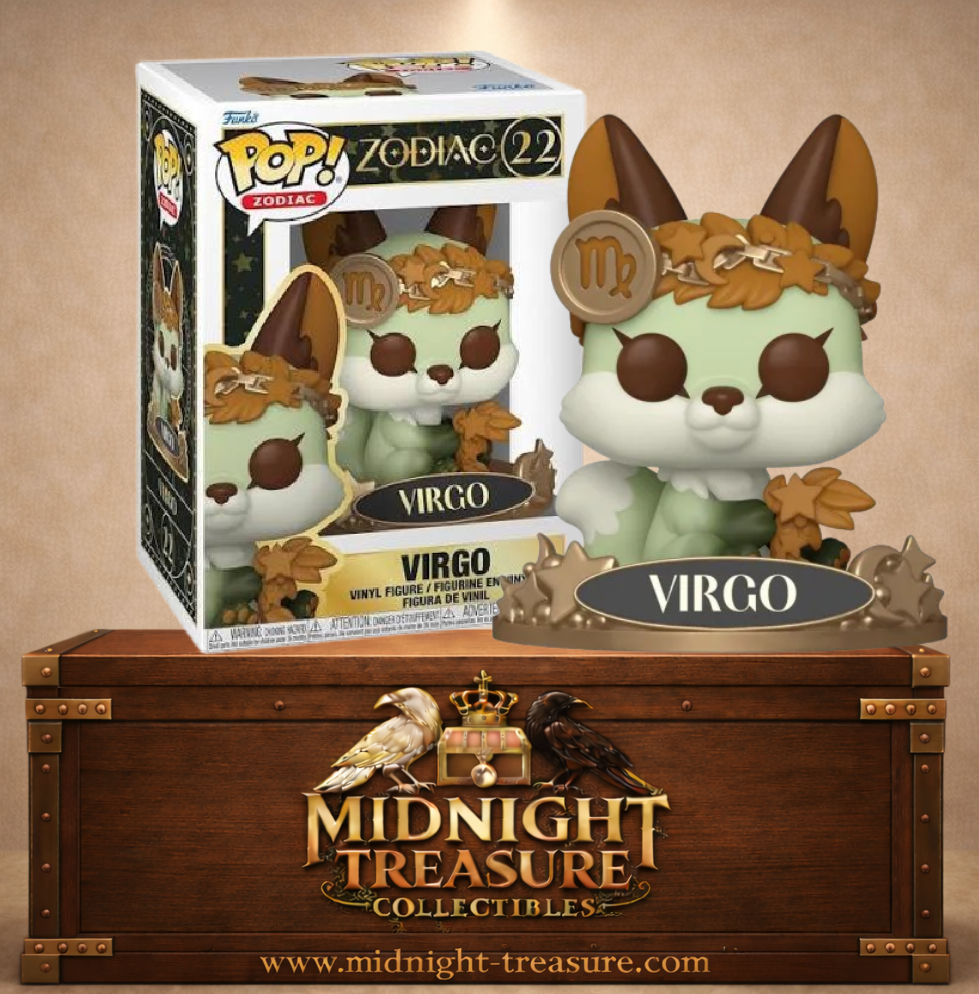 Funko Pop! Zodiac N°22 Virgo Vierge représentée par un renard céleste vert entouré de feuilles automnales et du symbole astrologique de la Vierge.