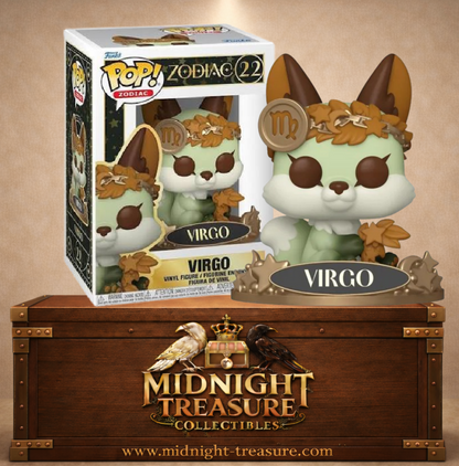 Funko Pop! Zodiac N°22 Virgo Vierge représentée par un renard céleste vert entouré de feuilles automnales et du symbole astrologique de la Vierge.