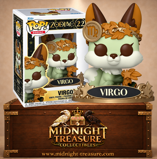 Funko Pop! Zodiac N°22 Virgo Vierge représentée par un renard céleste vert entouré de feuilles automnales et du symbole astrologique de la Vierge.