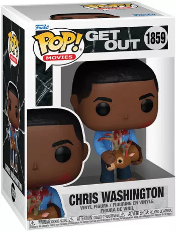 Funko Pop! Get Out – Chris Washington (N°1859). Figurine représentant Chris avec une chemise ensanglantée tenant une tête de cerf, scène culte du film d’horreur. Une pièce incontournable pour les fans de Jordan Peele.