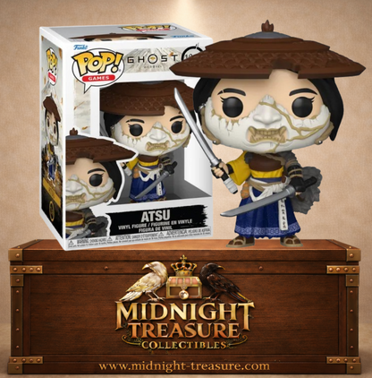 Funko Pop! Games N°1248 – Atsu portant son chapeau kasa, son masque fissuré et ses deux sabres, inspirée de Ghost of Yōtei.