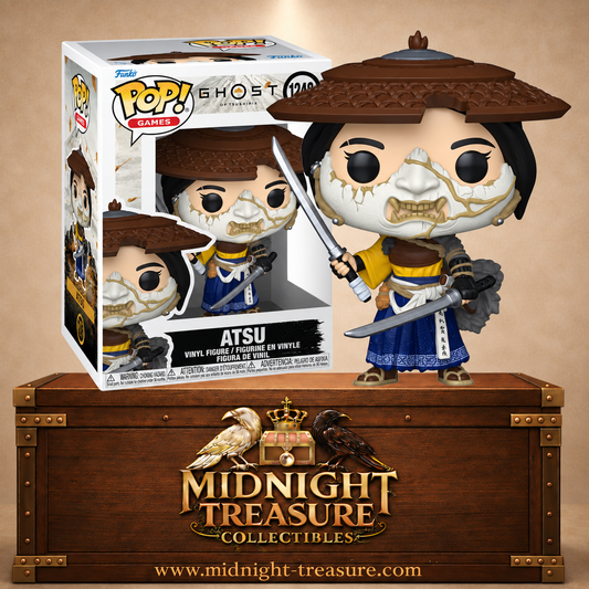 Funko Pop! Games N°1248 – Atsu portant son chapeau kasa, son masque fissuré et ses deux sabres, inspirée de Ghost of Yōtei.